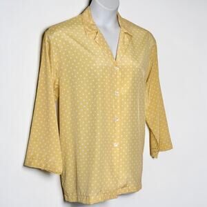 Vintage 80s 90s Natori Polka Dot Blouse Yellow Silk Feel Button Front Top Size L